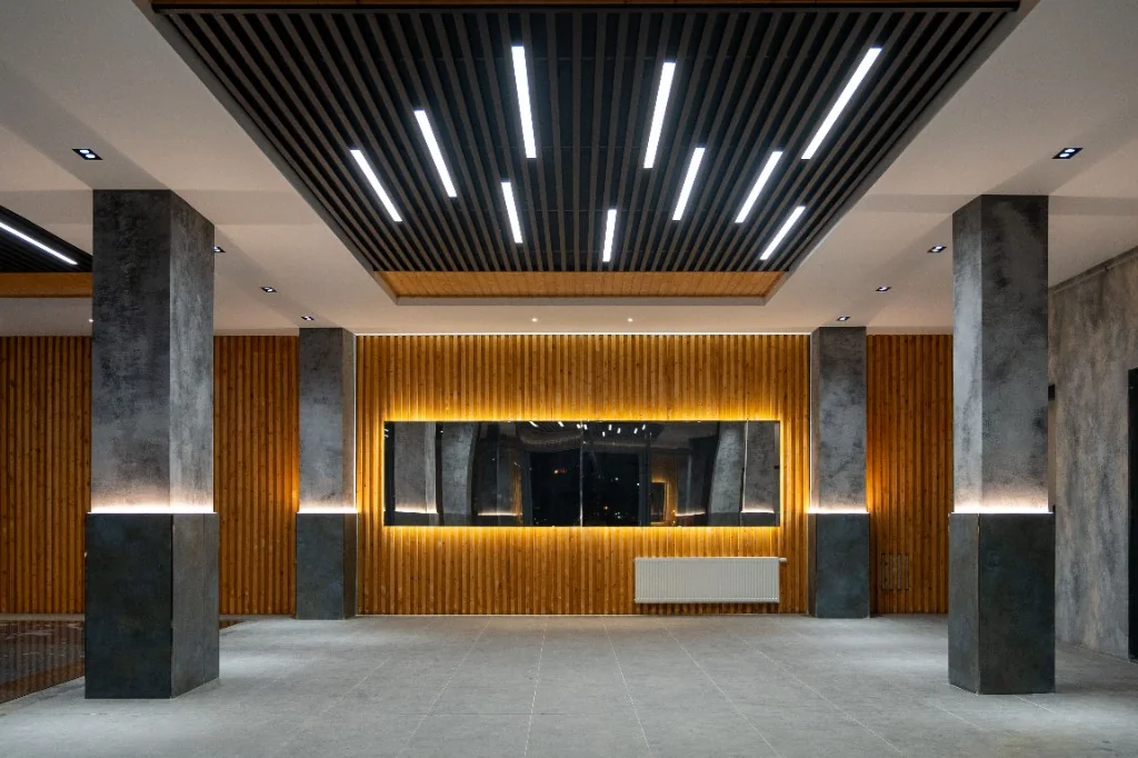 Modern interior with architectural wall panels and clean lines